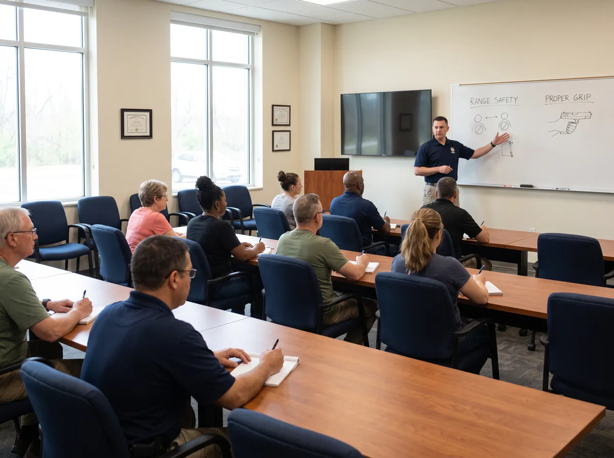 A diverse group of adults taking notes during a firearms safety classroom session at The Carry Institute