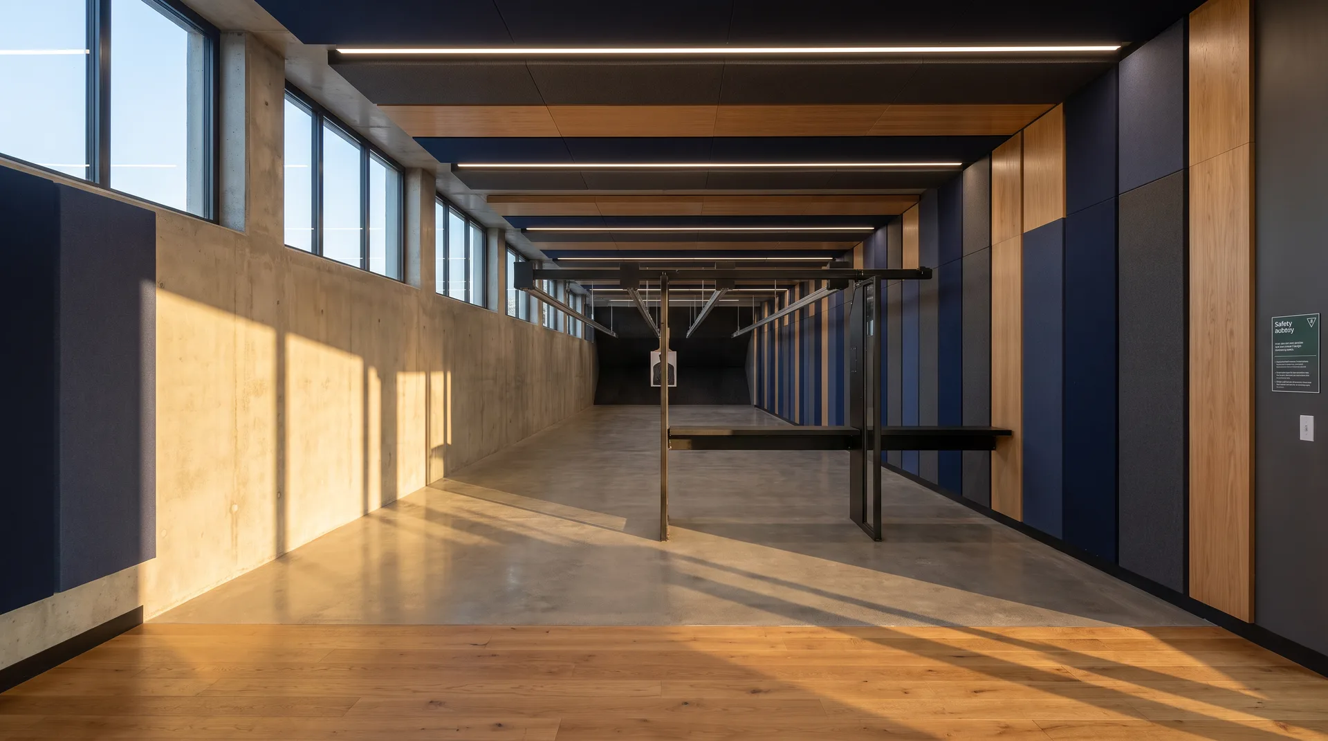 A calm, modern indoor training range bay with warm wood and navy tones at The Carry Institute