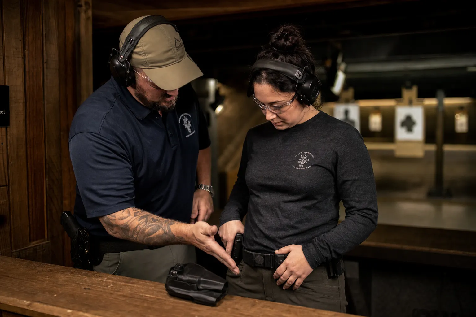 An instructor at The Carry Institute coaching a student on proper grip and holster technique at the range